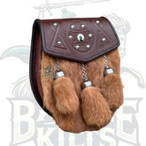 Semi Dress Kilt Brown Fur Sporran – Celtic Embossed 3 Tassels Sporran Bag by BattleOfKilts